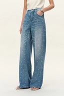 Elyra Polka Dot Straight Wide Leg Jeans in Lightweight Cotton Denim