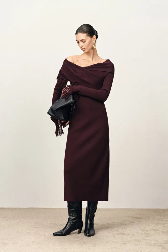 Oona One Shoulder Asymmetric Fringe Dress in Merino Wool with Stretch Knit