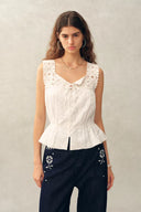 Top senza maniche Sophia all'uncinetto con vita arricciata in jacquard di cotone