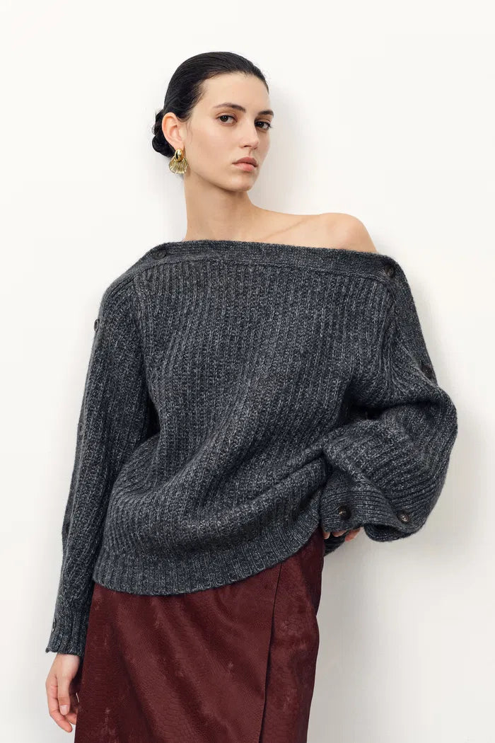 Kylie Off-Shoulder Button Detail in Coarse-Spun Merino Wool Knit