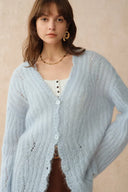 Aki Scalloped Neckline Sheer Cardigan in Lightweight Cable Mohair Knit