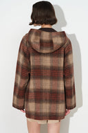 Aeliana Plaid Hooded Midi Coat in Red Brown Wool Blend