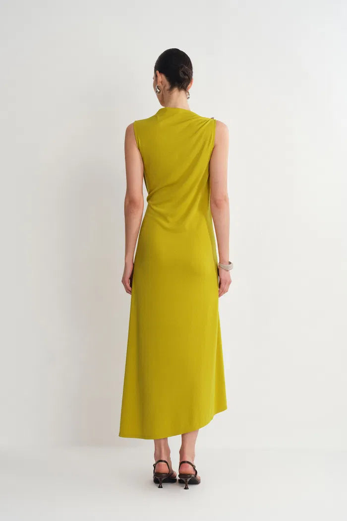 Kiki Mustard Green Asymmetric Knot Sleeveless Dress in Acetate Knit fbrq.com Kiki Mustard Green Asymmetric Knot Sleeveless Dress in Acetate Knit fbrq.com