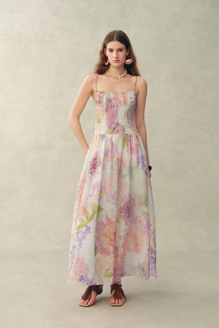 Juile Handworked Floral Prints Strap Dress in Silk Linen Blend Juile Handworked Floral Prints Strap Dress in Silk Linen Blend