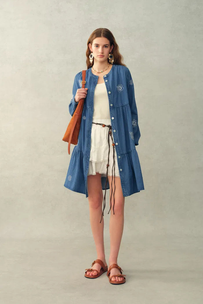 Betsy Embroidered Dress in Thin Denim