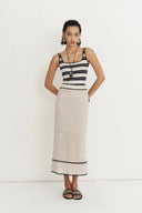 Palma Hand Embroidered Daisy Applique Crochet Skirt in Cotton Linen Blend