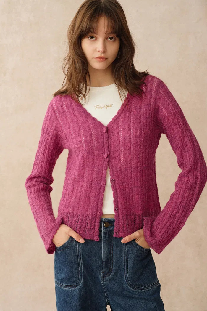 Serenity V Neck Sheer Cardigan in Lightweight Cable Knit