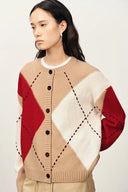 Luce Handbestickter Linien Großer Kariert Cardigan aus Merinowolle