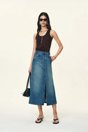 Jupe en denim coton Elaria asymétrique à ligne A avec fente latérale à l'avant