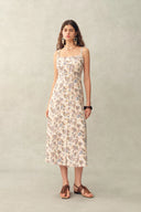 Scarlett Handpainted Waterlily Square Neck Fitted Sleeveless Dress in Cotton