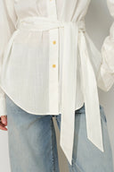 Faye White Belted Roll Tab Sleeves Safari Blouse