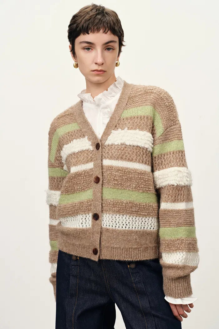 Anja Multi-Texture Striped Cardigan in Merino Mohair Wool Knit