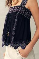Blaze Boho Embroidery Fringe Tie Front Sleeveless Top in Crinkled Georgette