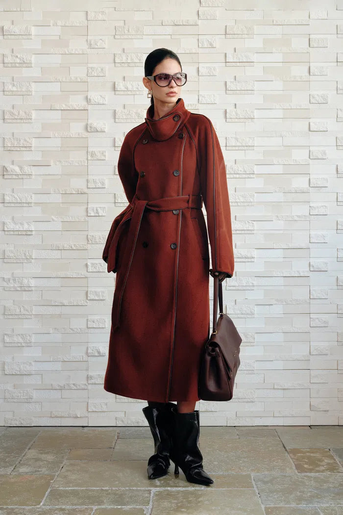Ponente PU Trim Wool Trench Coat in Double-Face Merino Wool