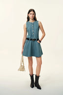 Lisa Lower Waist Belted Sleeveless Dress in Washed Cotton Denim XS