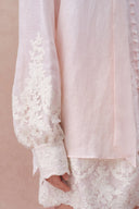 Paz Pink Embroidered Blouse and Short Matching Setin Silk-Linen Blend