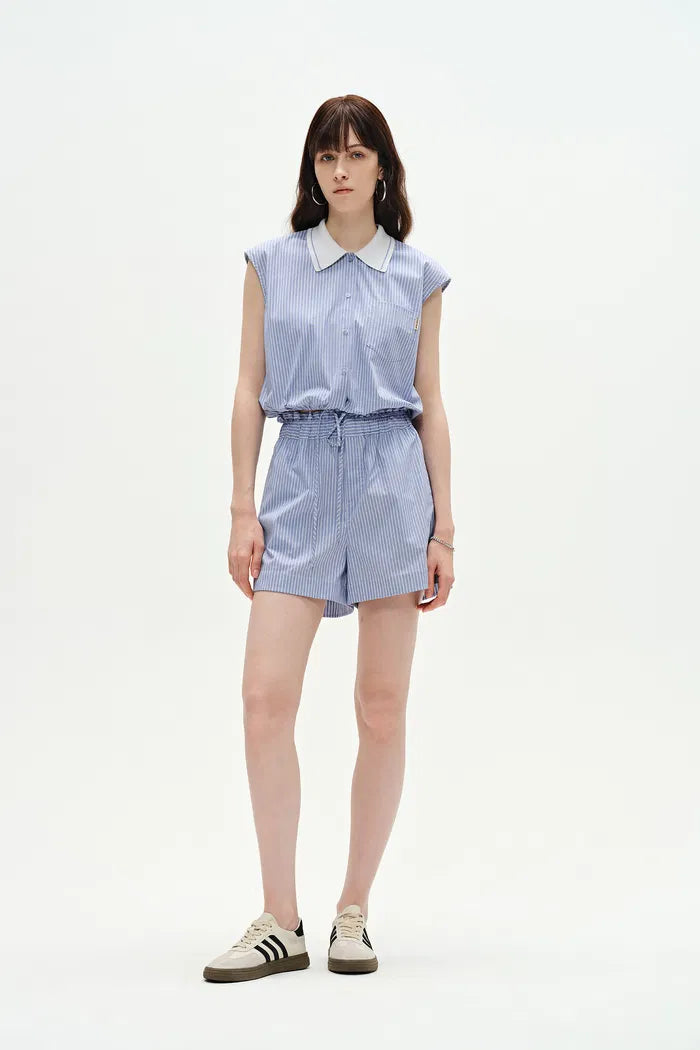 Nino Contrast Collar Sleeveless Shirt Top and Short Matching Set in Cotton Poplin