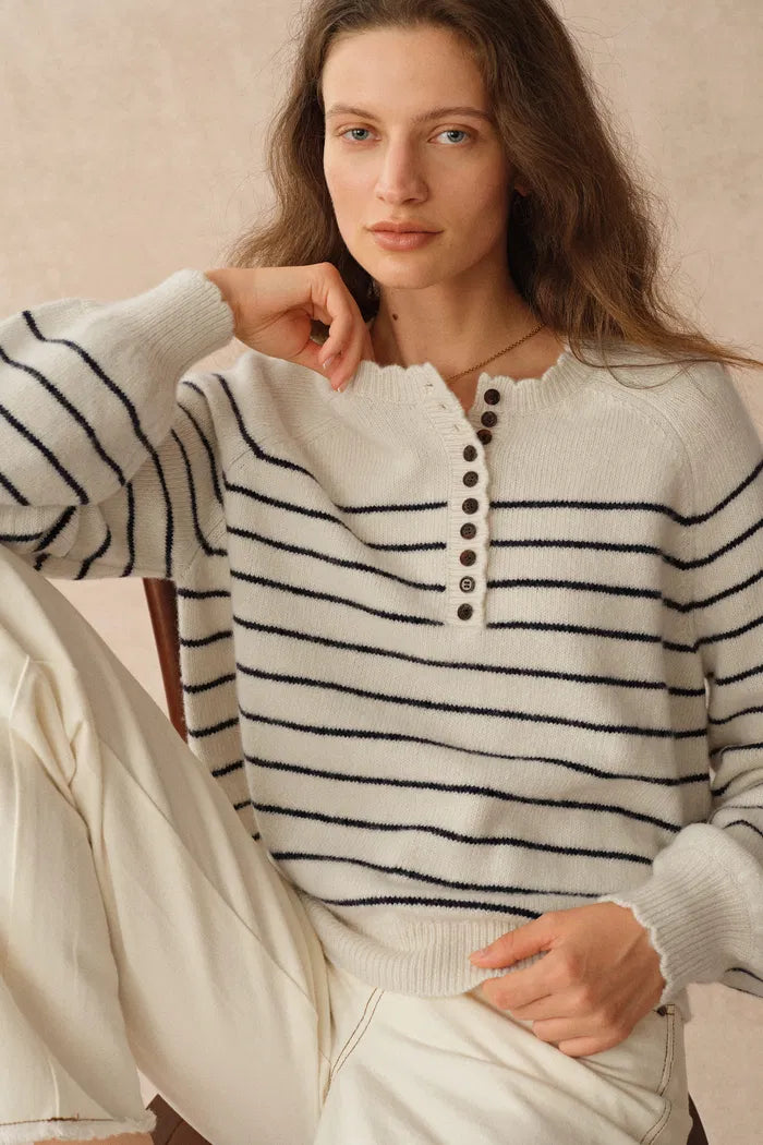 Rhea Scalloped Henley Striped Sweater in Wool-Alpaca Knit
