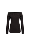 Mia Metallic Button Off Shoulder Knit Top in Stretch Knit