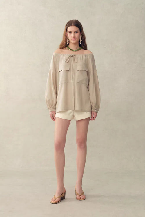 Alano Adjustable Off-Shoulder Shirt in Thin Denim