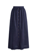 Siena Smocked Tie Front Bandeau Top and Maxi Skirt Set in Linen Blend-Dark Blue