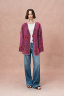 Louloudia Handgehäkelter Rand Floral Jacquard Cardigan aus elastischem Merinowollstrick