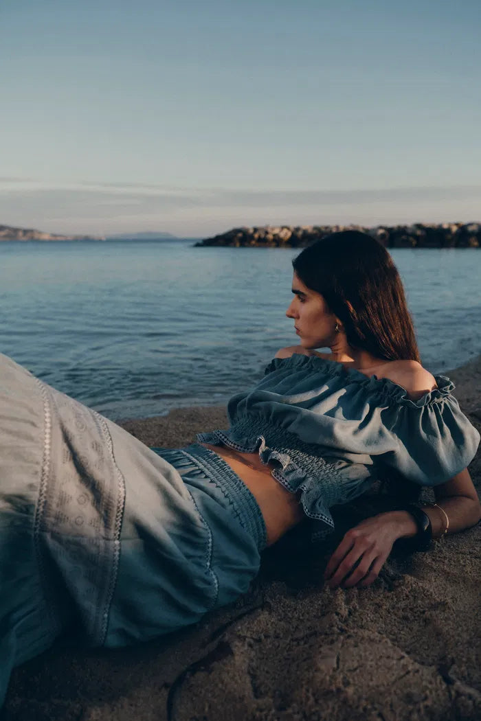 Oluka Tiered Openwork Maxi Skirt in Lightweight Denim