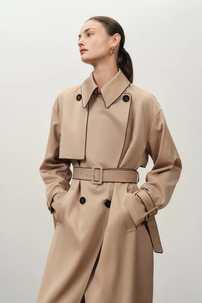 Anjea Convertible Double Breasted Trench Coat in Acetate-Wool Blend