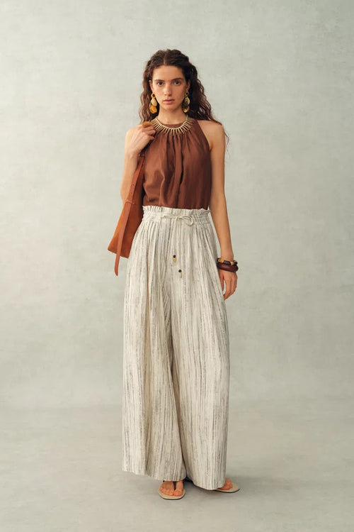Cleo Drawstring Casual Striped Culottes in Linen