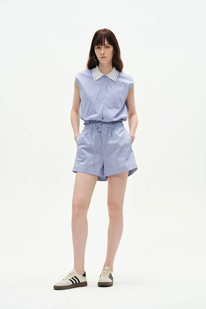 Nino Contrast Collar Sleeveless Shirt Top and Short Matching Set in Cotton Poplin