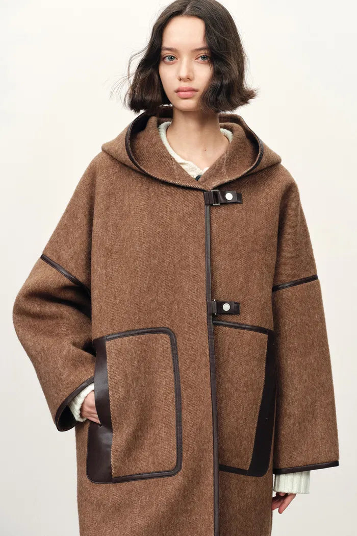 Selva Short Leather Trim Hooded Wool Coat in Merino-Alpaca Twill
