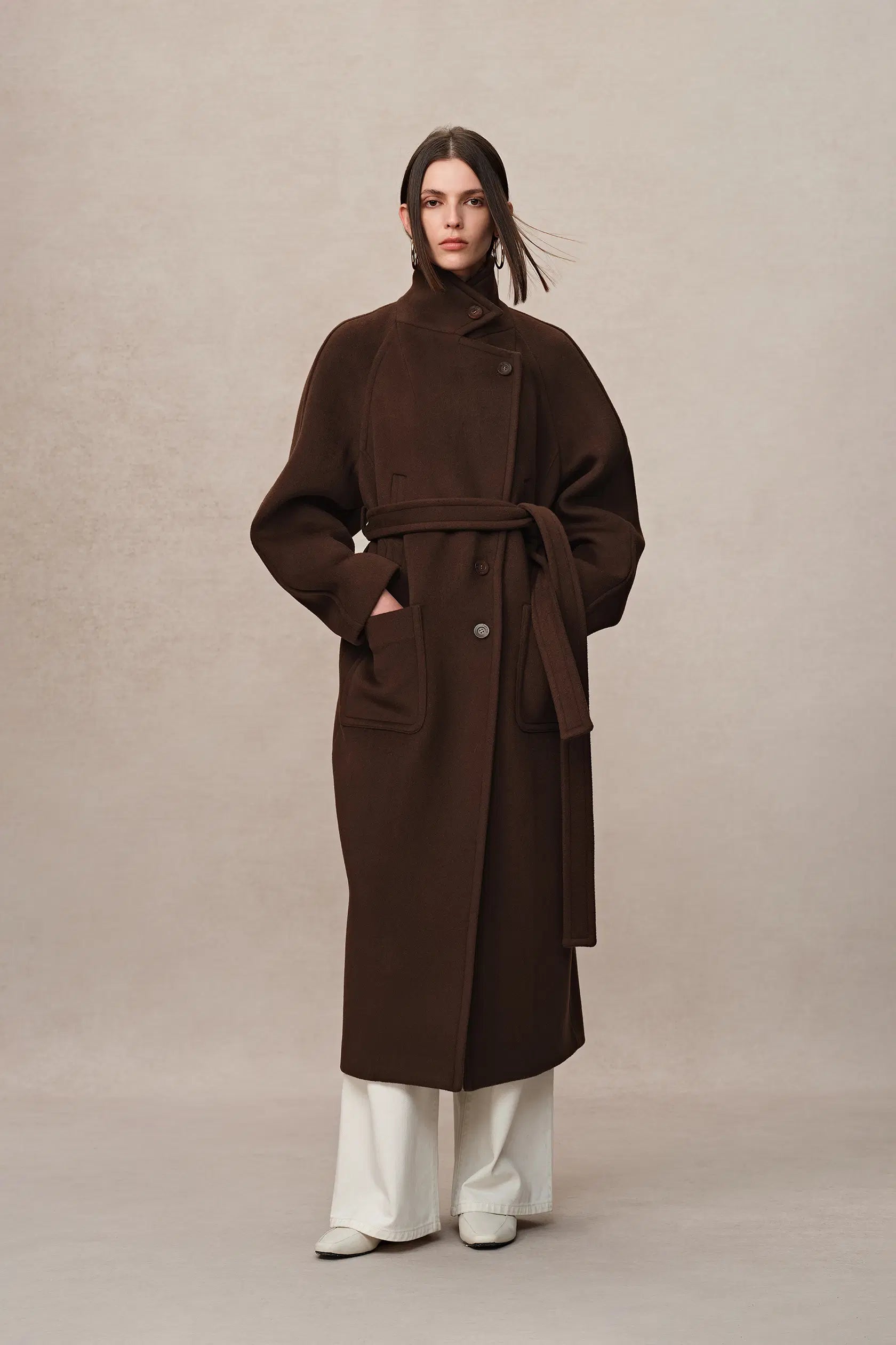 Rond Maxi Lapel Long Coat Merino Cashmere Blend