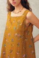 Mary Floral Square Neck Sleeveless Short Strap Dress in Linen Blend