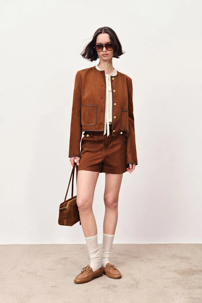 Marian Color Block Trim Shorts in Faux Suede