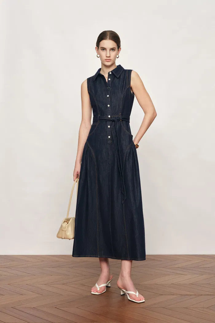 denim cotton dress for women Indigo Cotton Denim Flared Maxi Tube Dress 56" / Custom Height (Free)