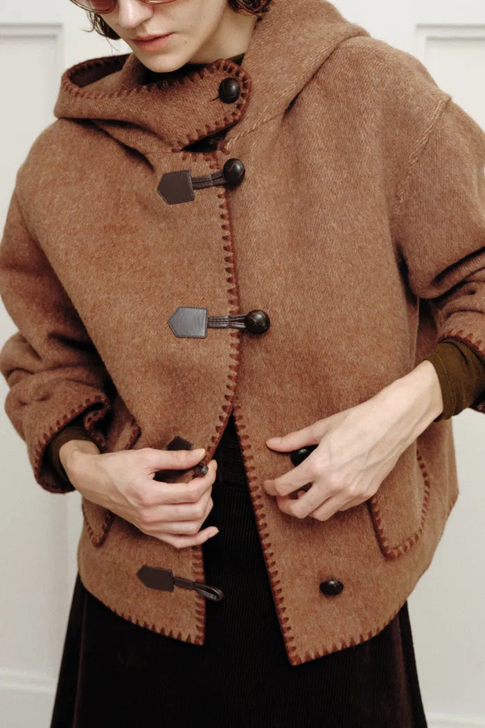 Carina Embroidered Hooded Short Coat in Merino Alpaca Twill