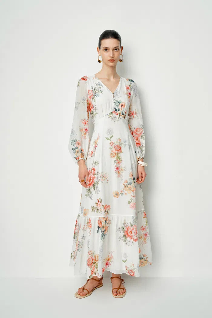Whitney Watercolor Flora Long Sleeve Dress in Tencel-Ramie