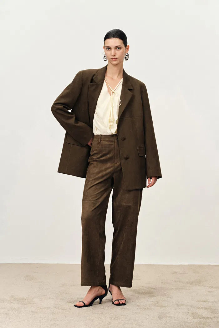 Lene Roomy Straight Leg Track Pants in Faux Suede