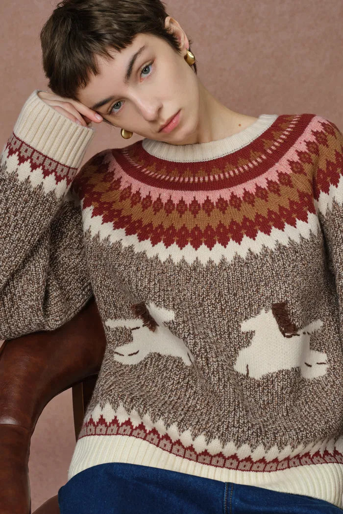 Freya Fair Isle Pony Sweater in Merino Wool Blend Knit