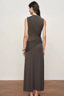 Delilah Gray Asymmetric Draped Sleeveless Dress in wool Blend Knit