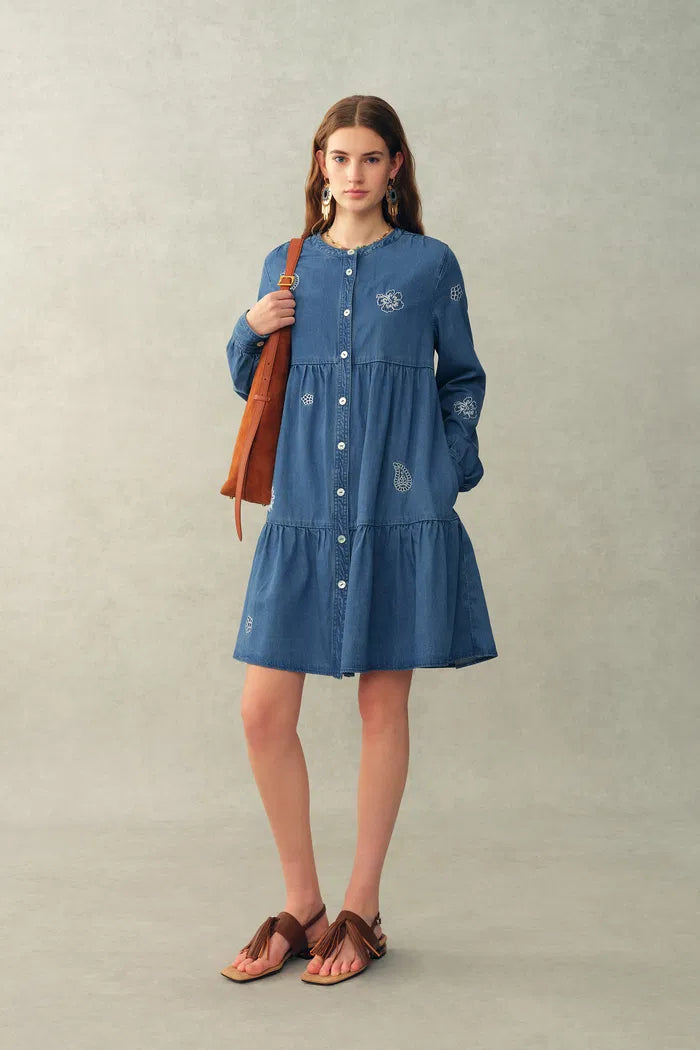Betsy Embroidered Dress in Thin Denim