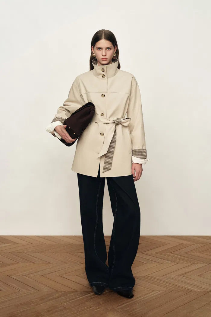 Sita Check Panel Belted Cropped Trench Coat In Trench Cotton