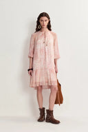 Arianna Hand Painted Flora Print Long Sleeve Dress in Crinkled Rayon