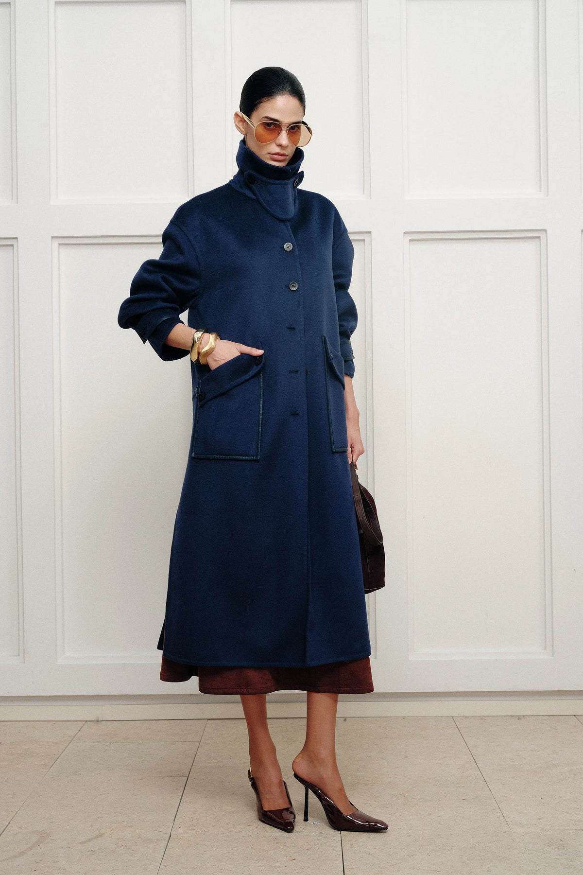 Theo Midnight Blue Trim Coat in Double Face Merino Cashmere – fbrq.com