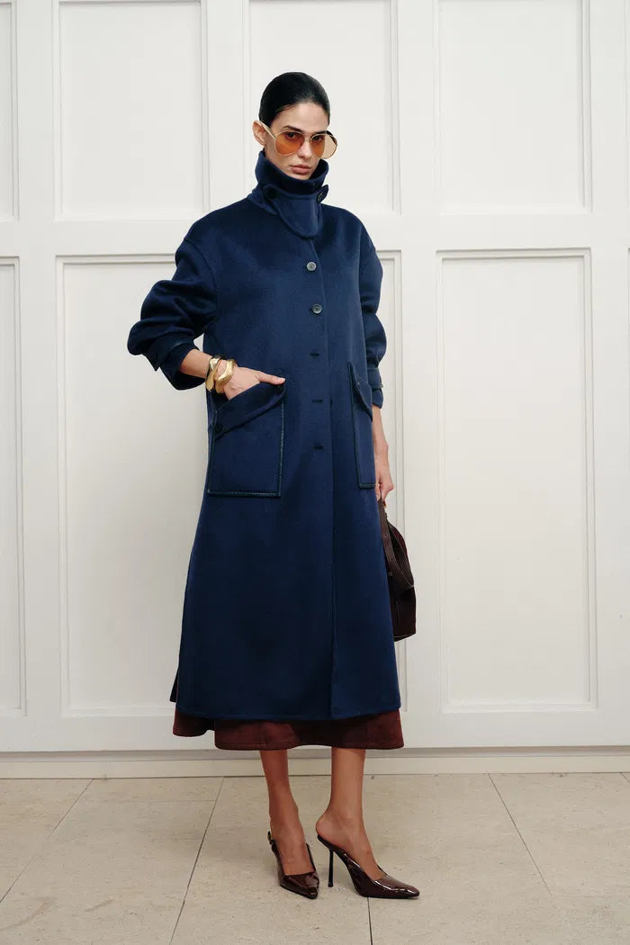 Theo Midnight Blue Trim Coat in Double Face Merino Cashmere