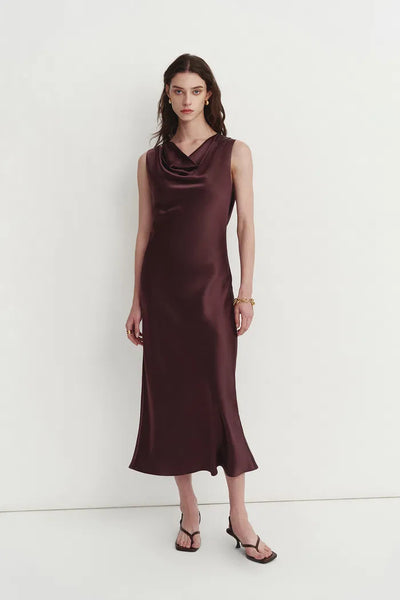 maroon silk dress Kari Sleeveless Square Neck Dress in Lustrous Acetate – fbrq.com