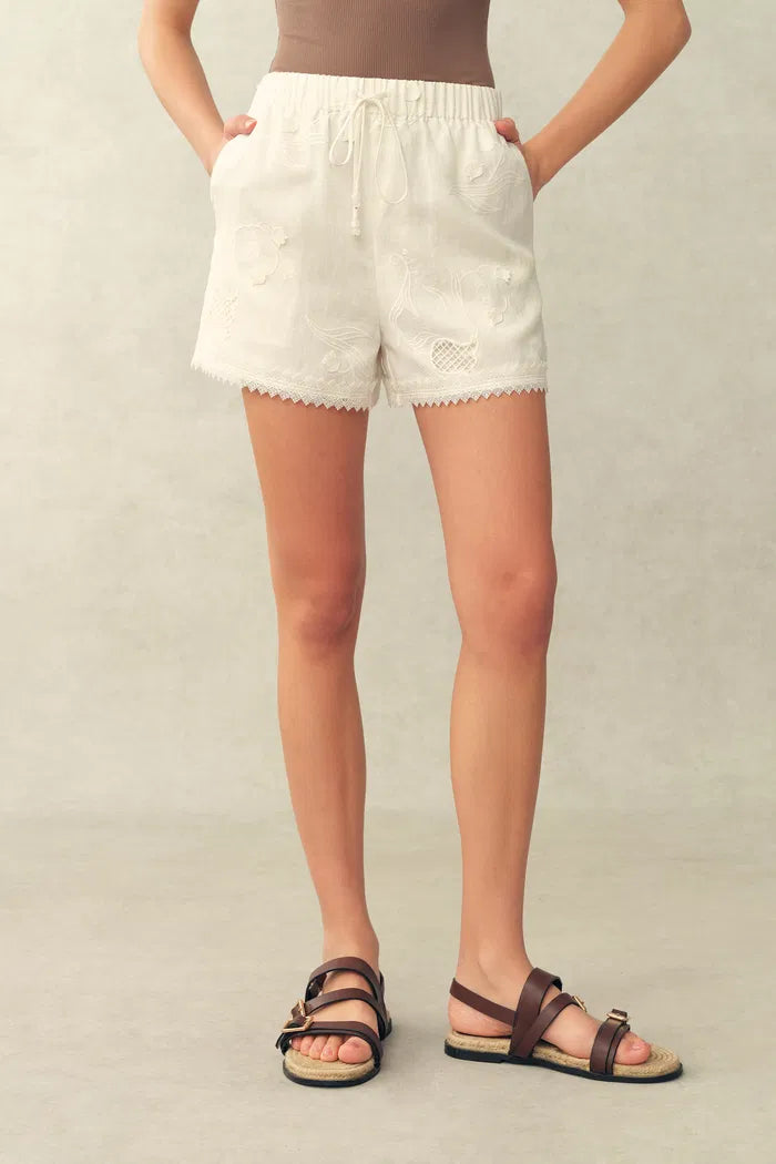 Jill Mesh Embroidered Shorts in Silk Linen Blend