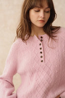 Cersei Hand Work Henley Cable Pattern Sweater in Merino Wool