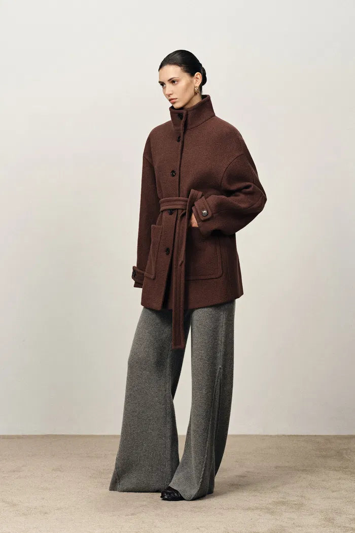 Stand Collar Tie Short Coat in Merino Wool Knit