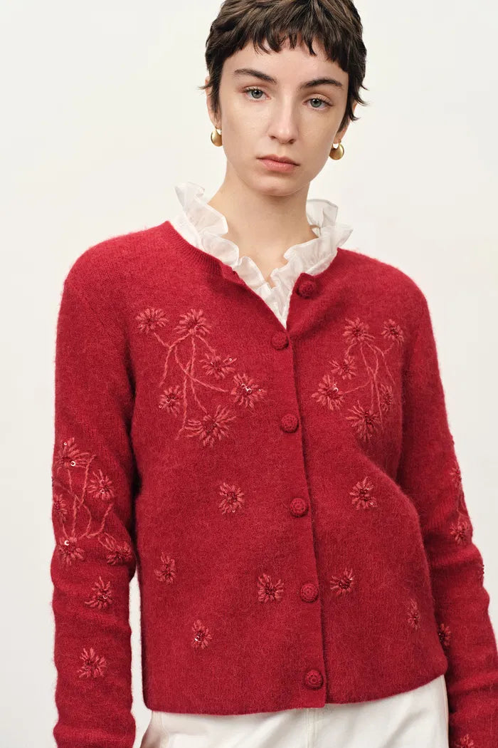 Letitia Hand Crocheted  Beaded Floral Cardigan in Wool Alpaca Blend Knit